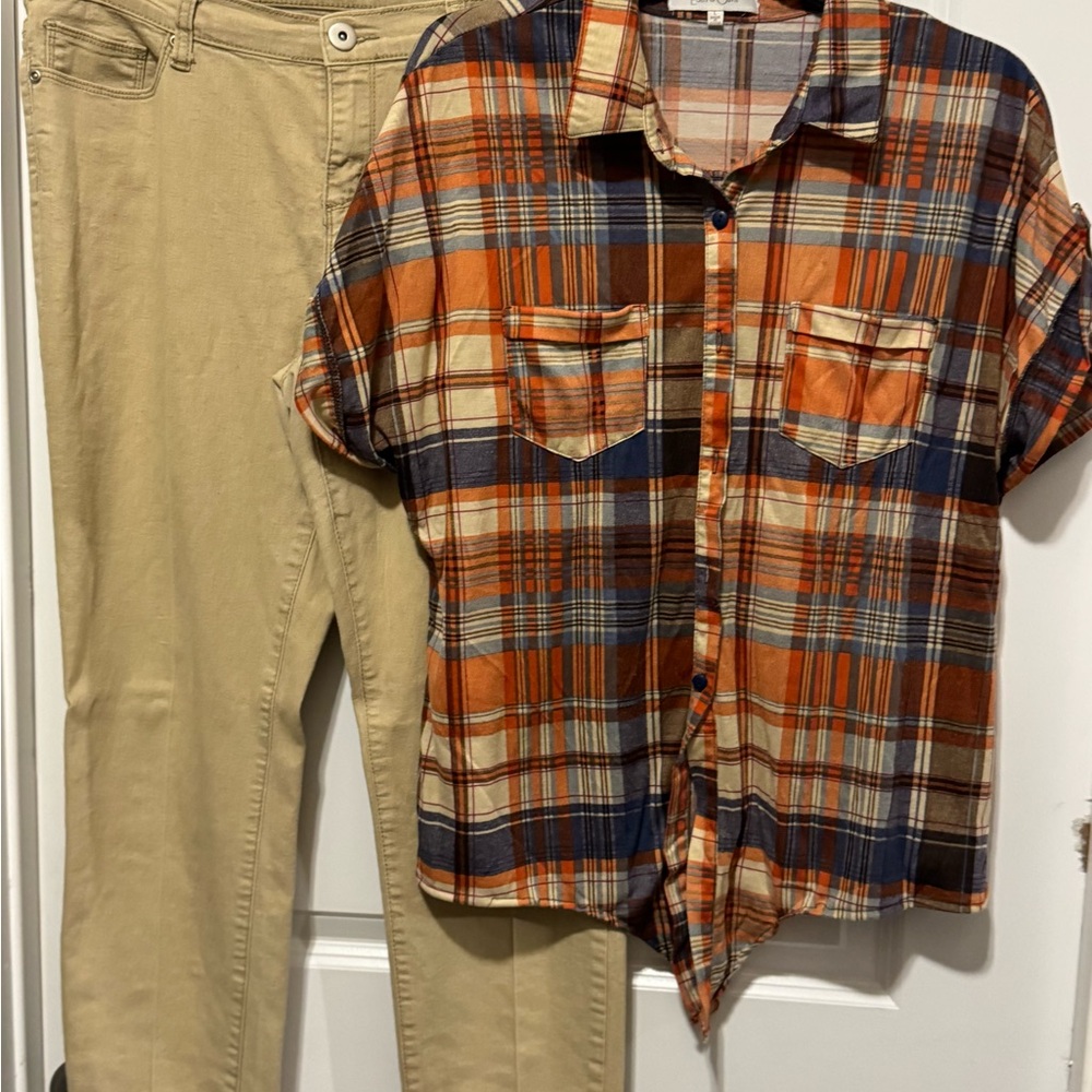 Plaid Shirt - Orange and Blue with matching jeans.